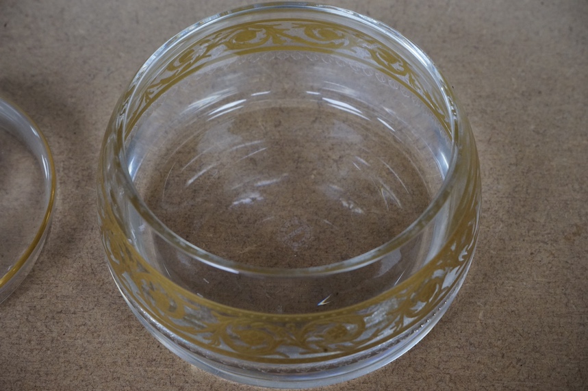 A St Louis gilded glass powder bowl and cover, 9cm tall. Condition - good (wear to base)